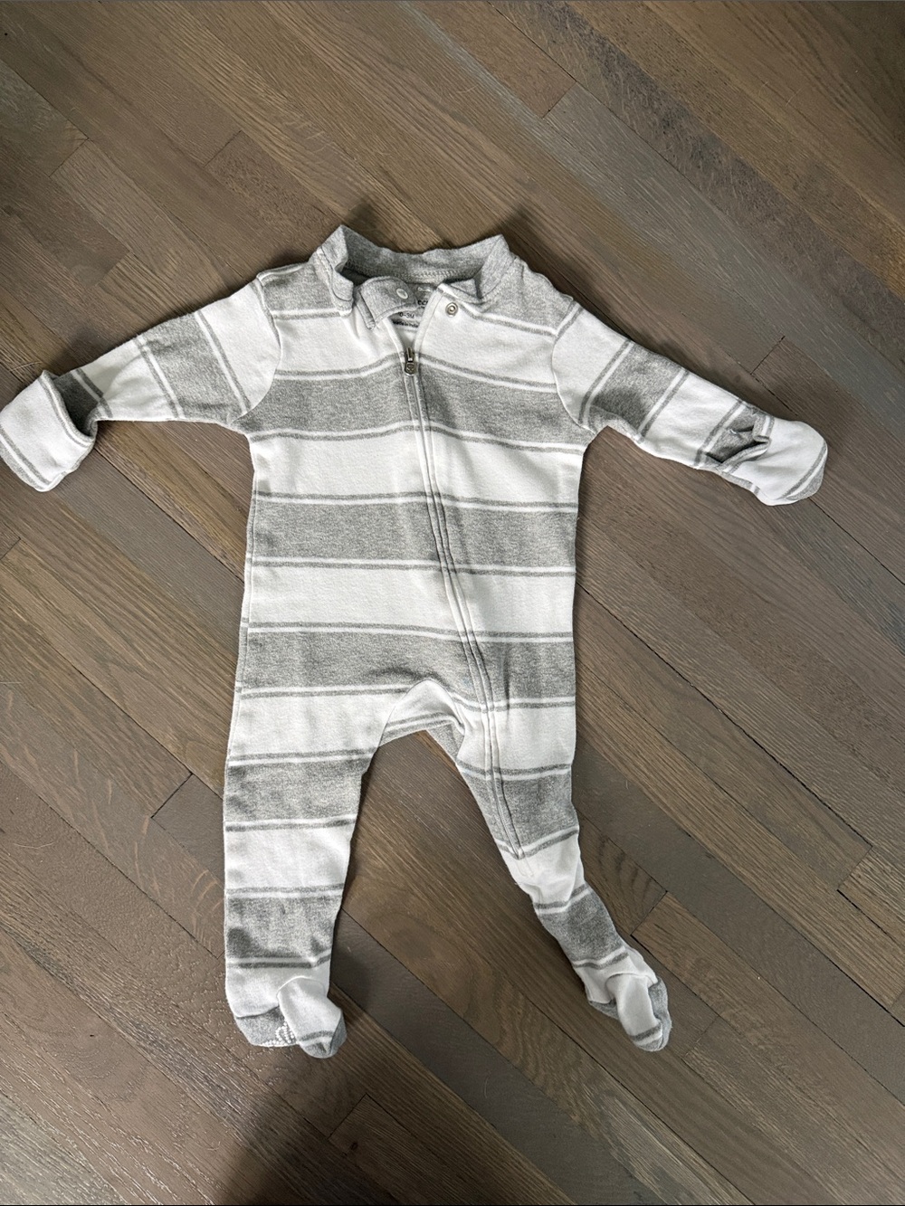 Striped Gray & White Zipper Footed One-Piece 0-3M